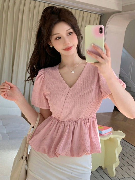 Women's Solid Color Puff Sleeve & Puff Hem Blouse