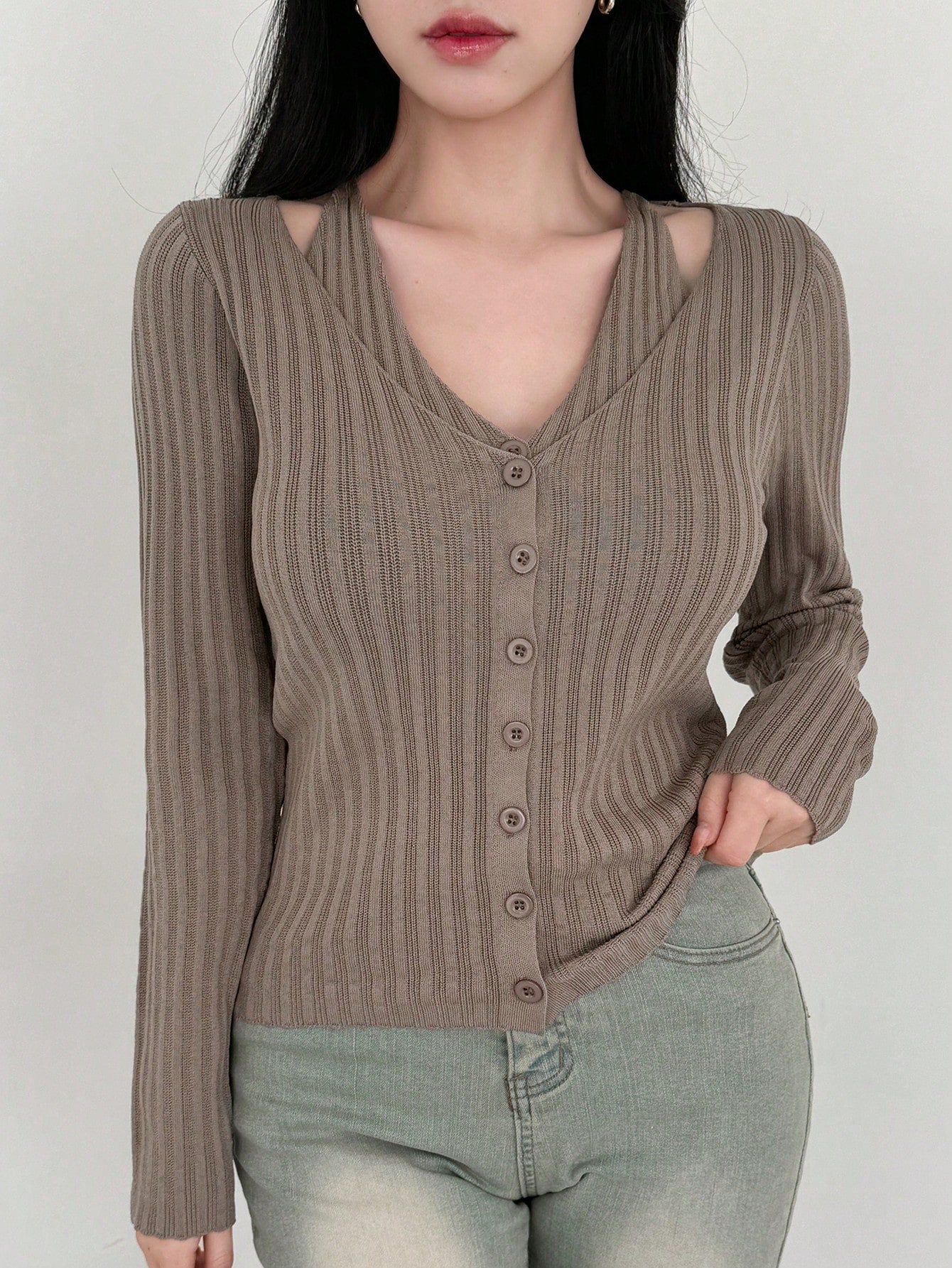 Solid Color Long Sleeve 2 In 1 Stretchable Cardigan
