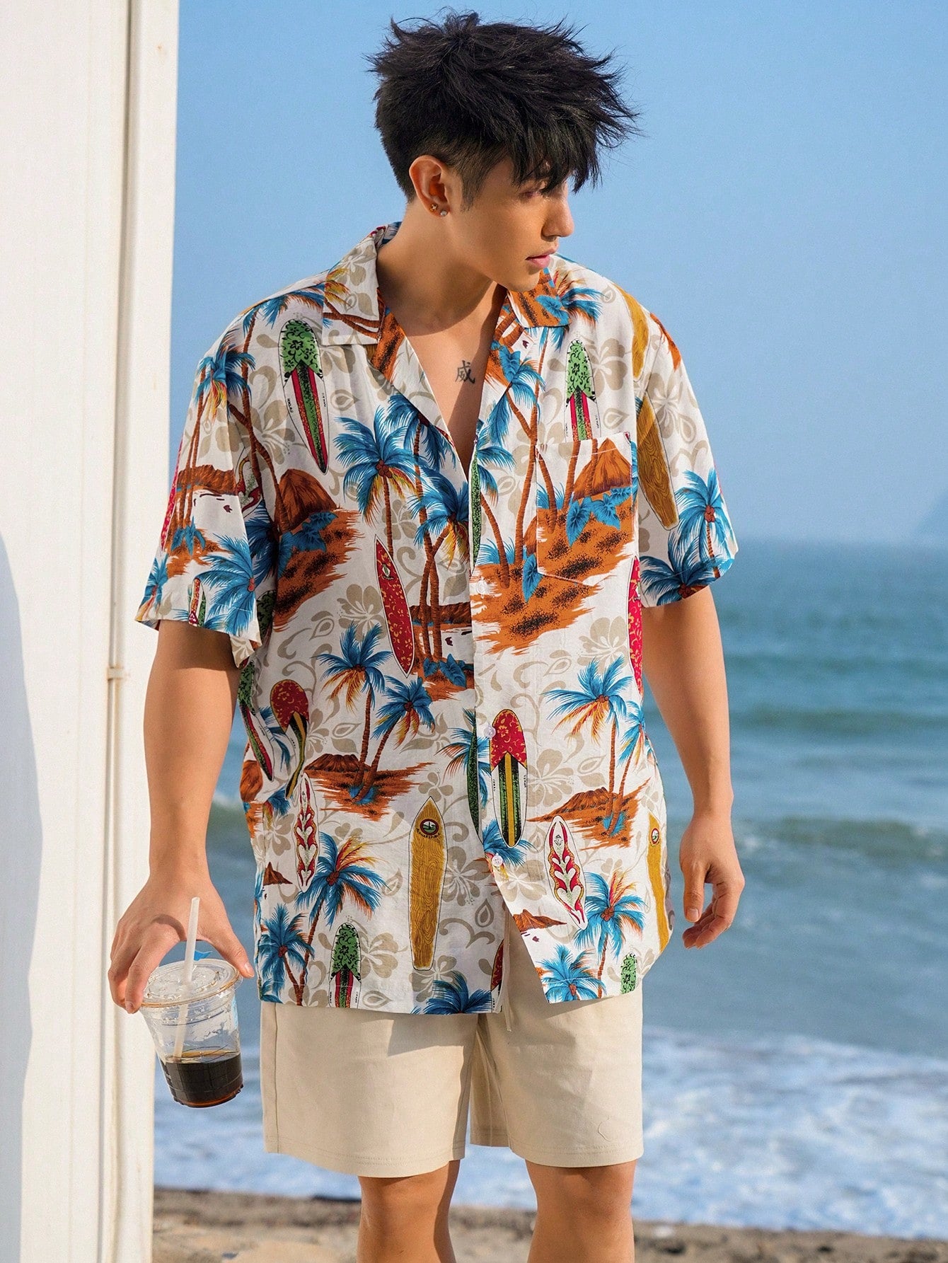 Men's Palm Tree Print Summer Beach Hawaiian Shirt