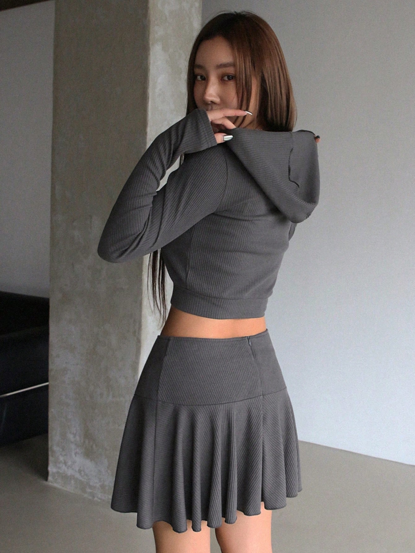 Solid Color Zipper Front Hooded Sweatshirt And Skirt With Drawstring
