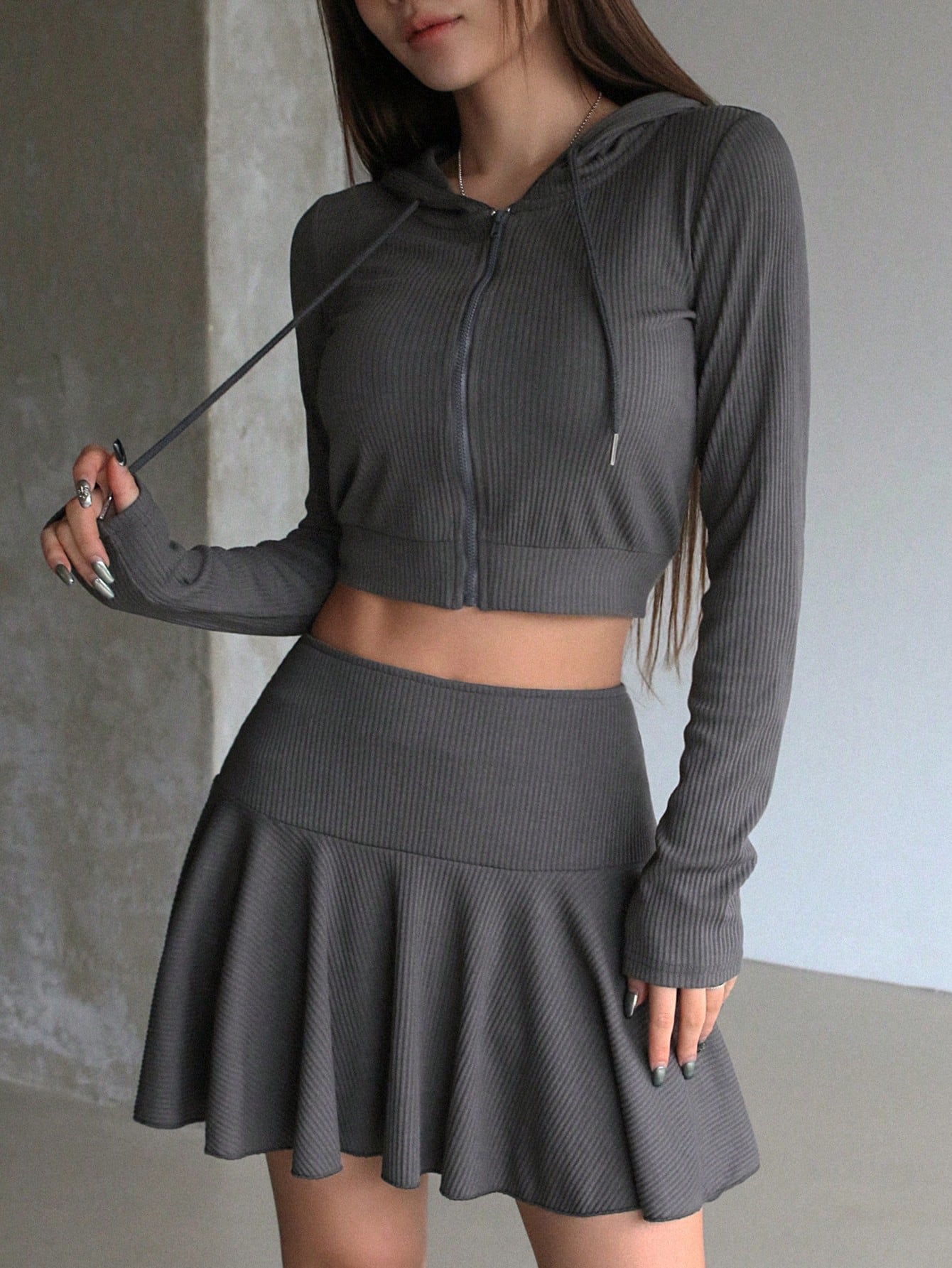 Solid Color Zipper Front Hooded Sweatshirt And Skirt With Drawstring