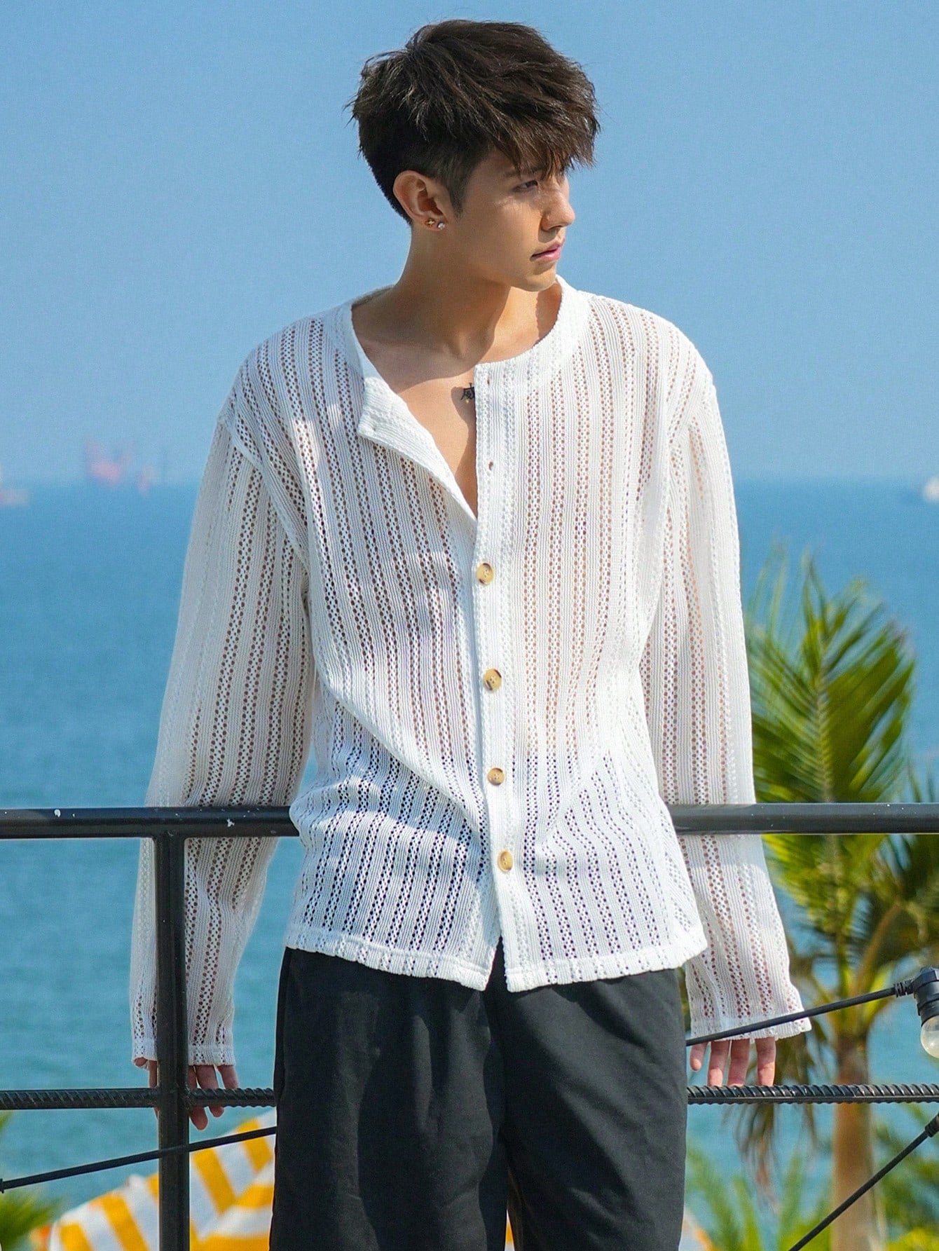 Men's Solid Color Hollow Out Design Summer Cardigan With Open Front