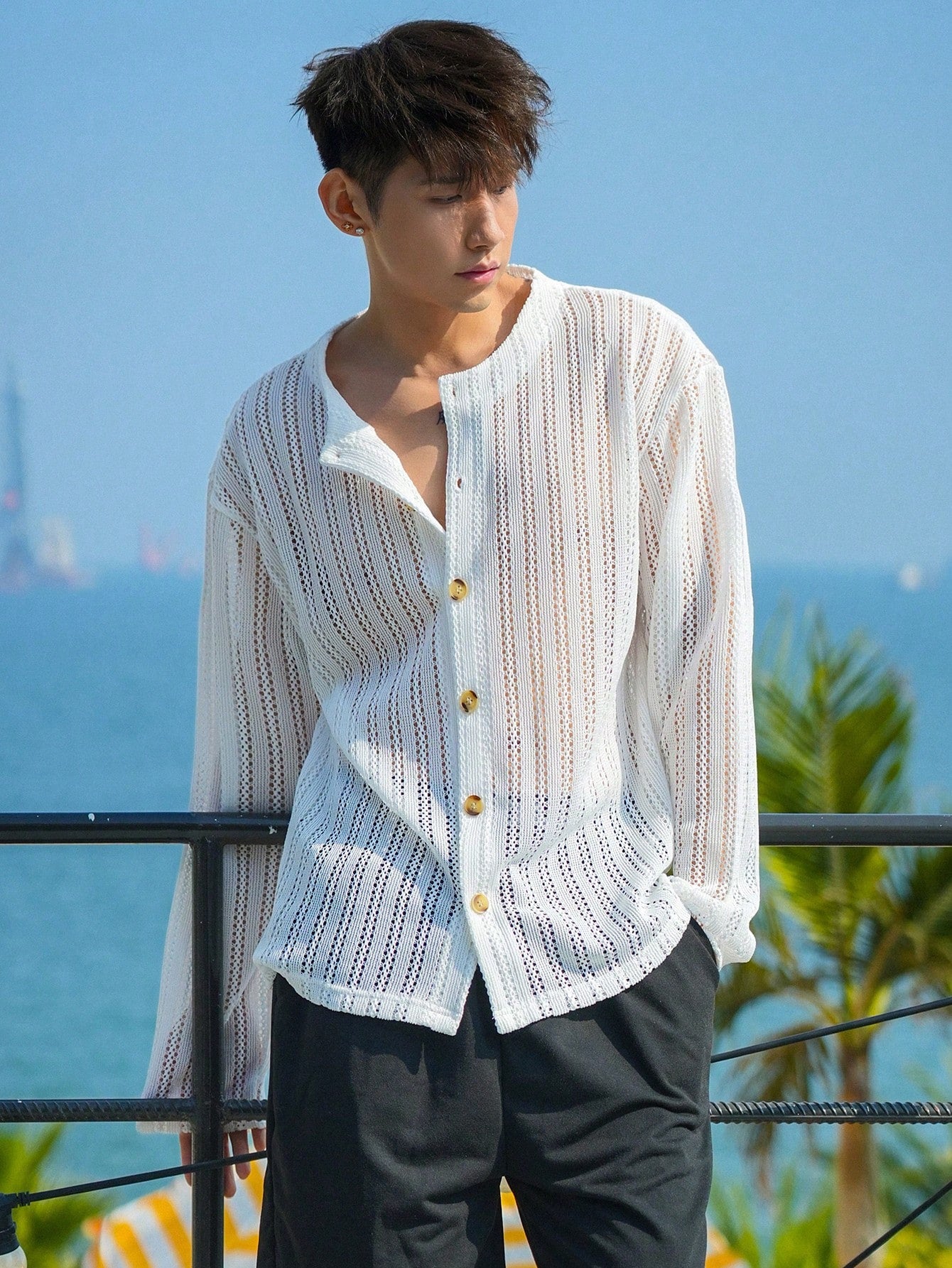 Men's Solid Color Hollow Out Design Summer Cardigan With Open Front