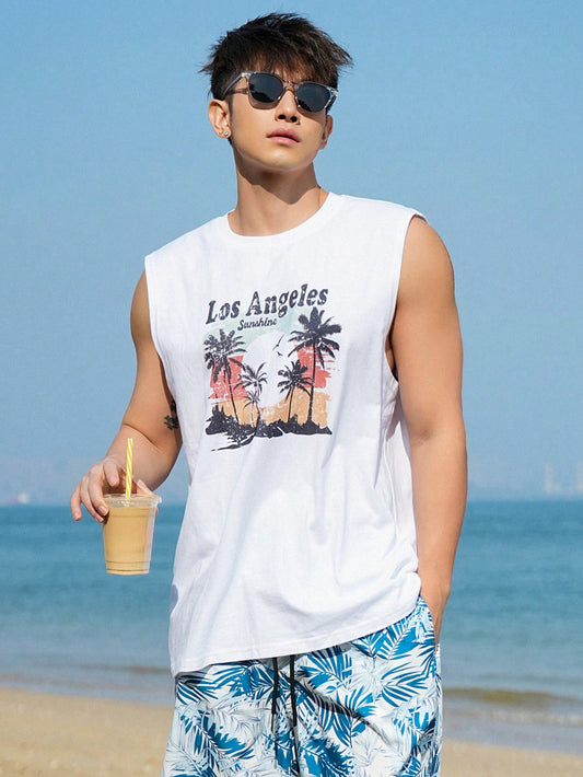 Men's Palm Tree Pattern Letter Print Tank Top For Summer