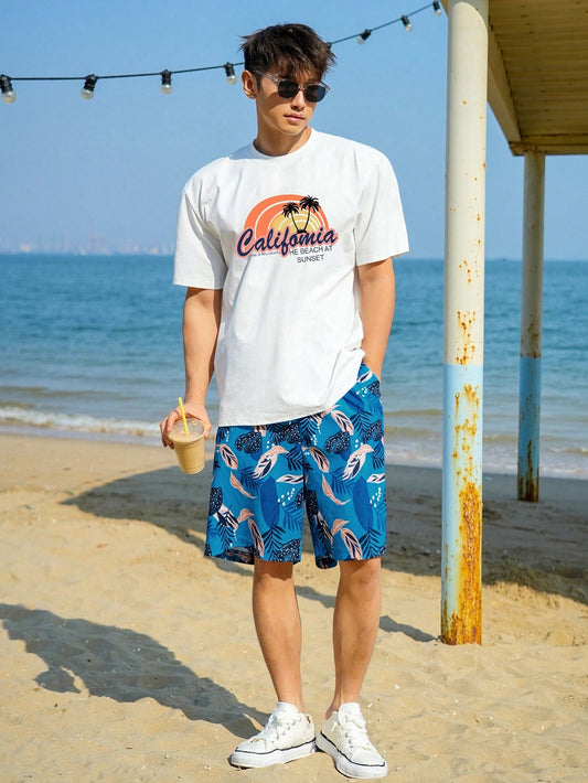 Men's Summer Short Sleeve T-Shirt And Shorts Set With Letter Print