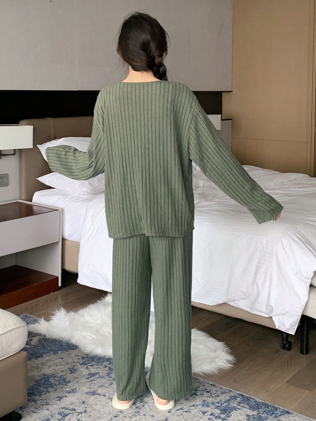 Women's Simple Solid Knit V-Neck Drop Shoulder Long Sleeve Top And Long Pants Lounge Wear Set