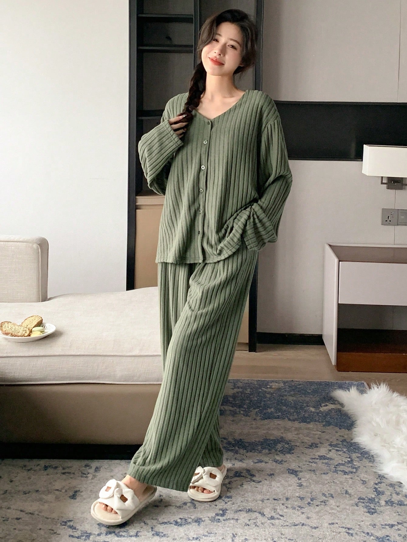 Women's Simple Solid Knit V-Neck Drop Shoulder Long Sleeve Top And Long Pants Lounge Wear Set