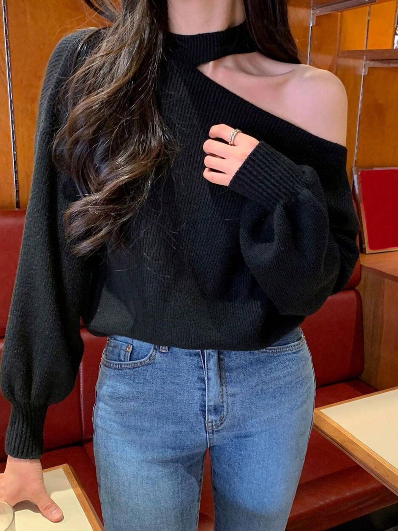 Women's Oblique-Shoulder Lantern Sleeve Sweater