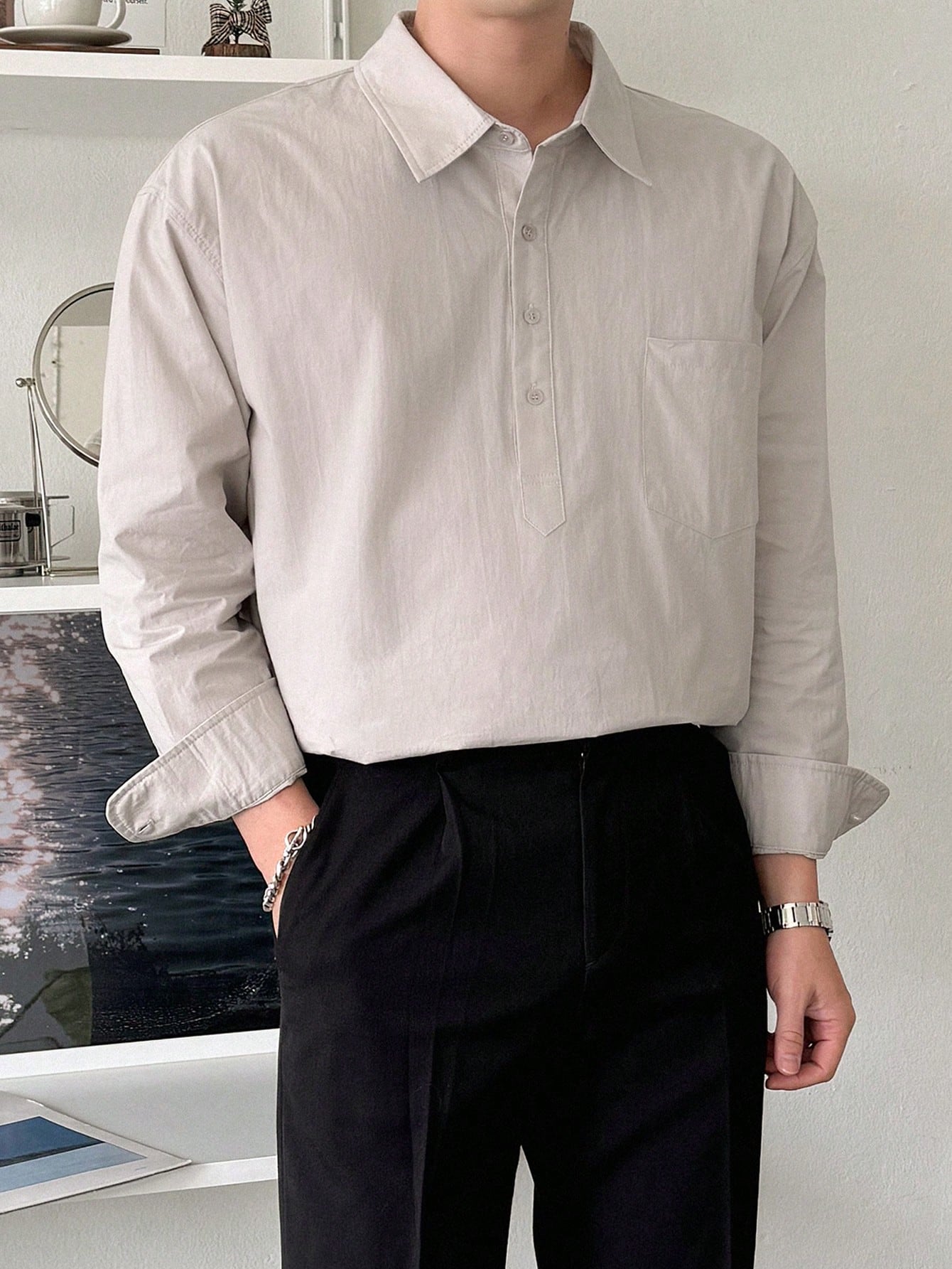 Men's Plain Color Long Sleeve Summer Shirt