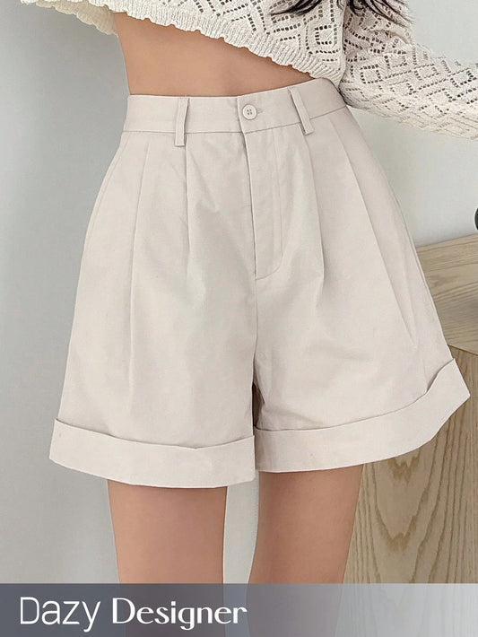 Ladies' Tailored White Shorts With Flipped Hem Detail