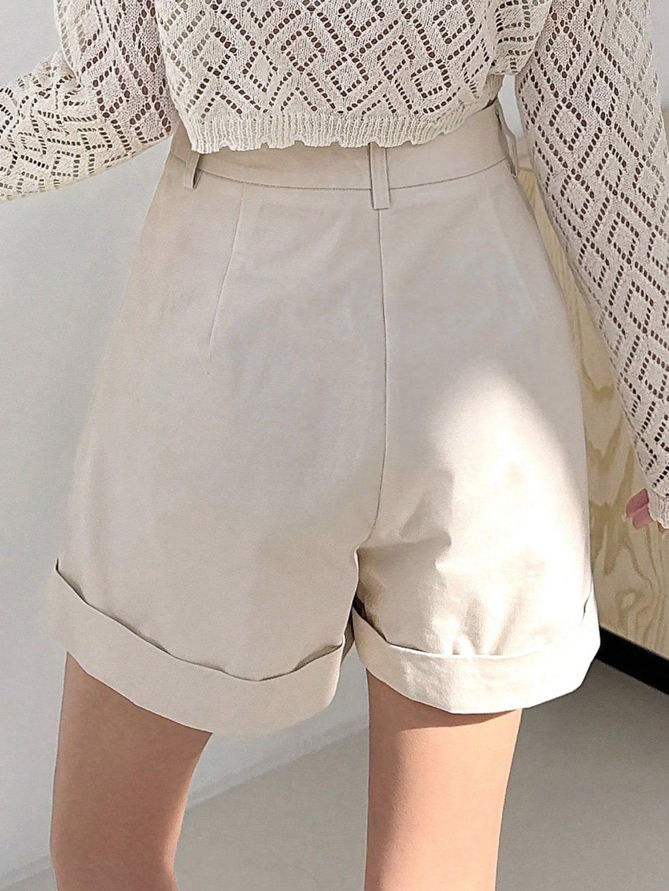 Ladies' Tailored White Shorts With Flipped Hem Detail
