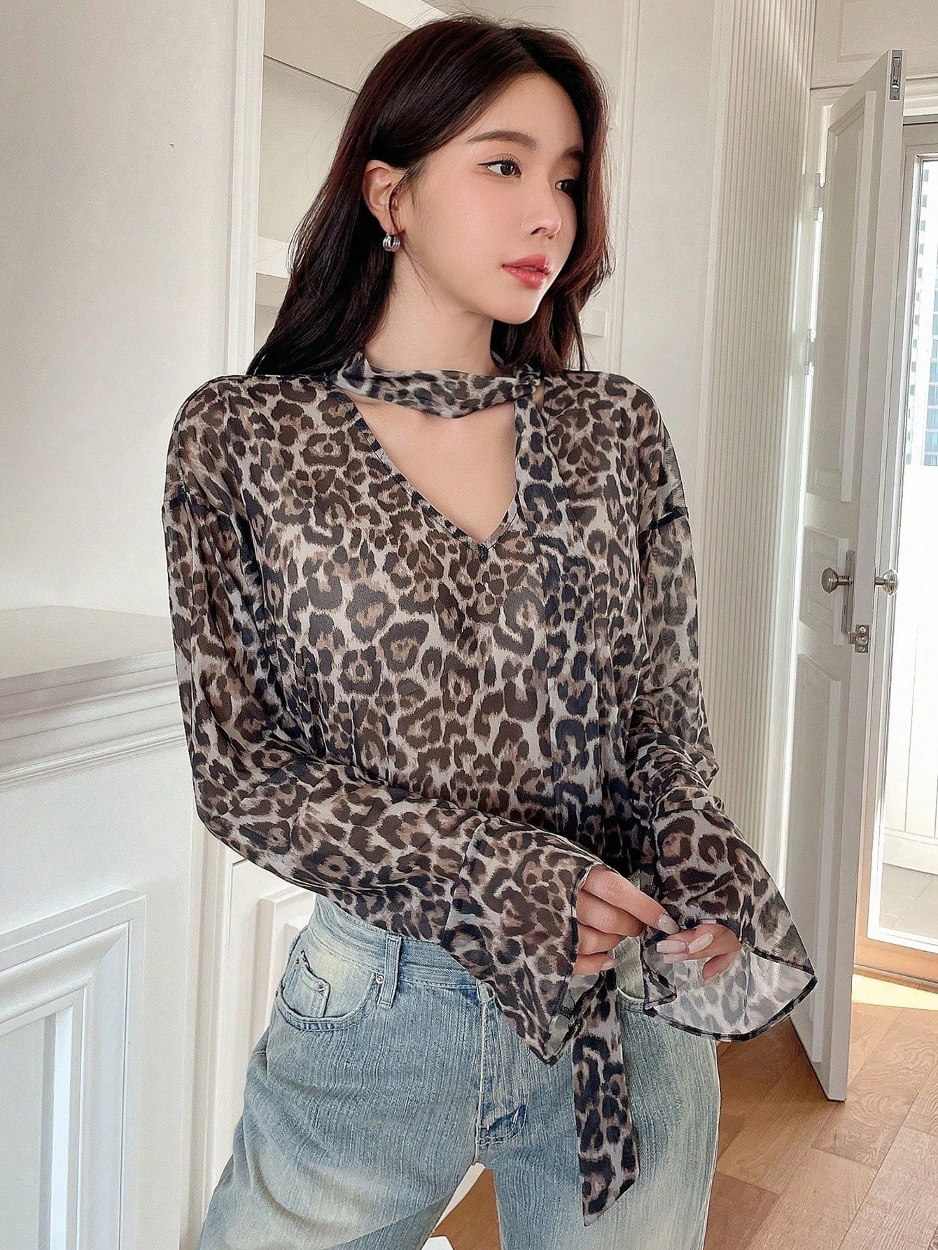 Women's Leopard Print Bell Sleeve Top