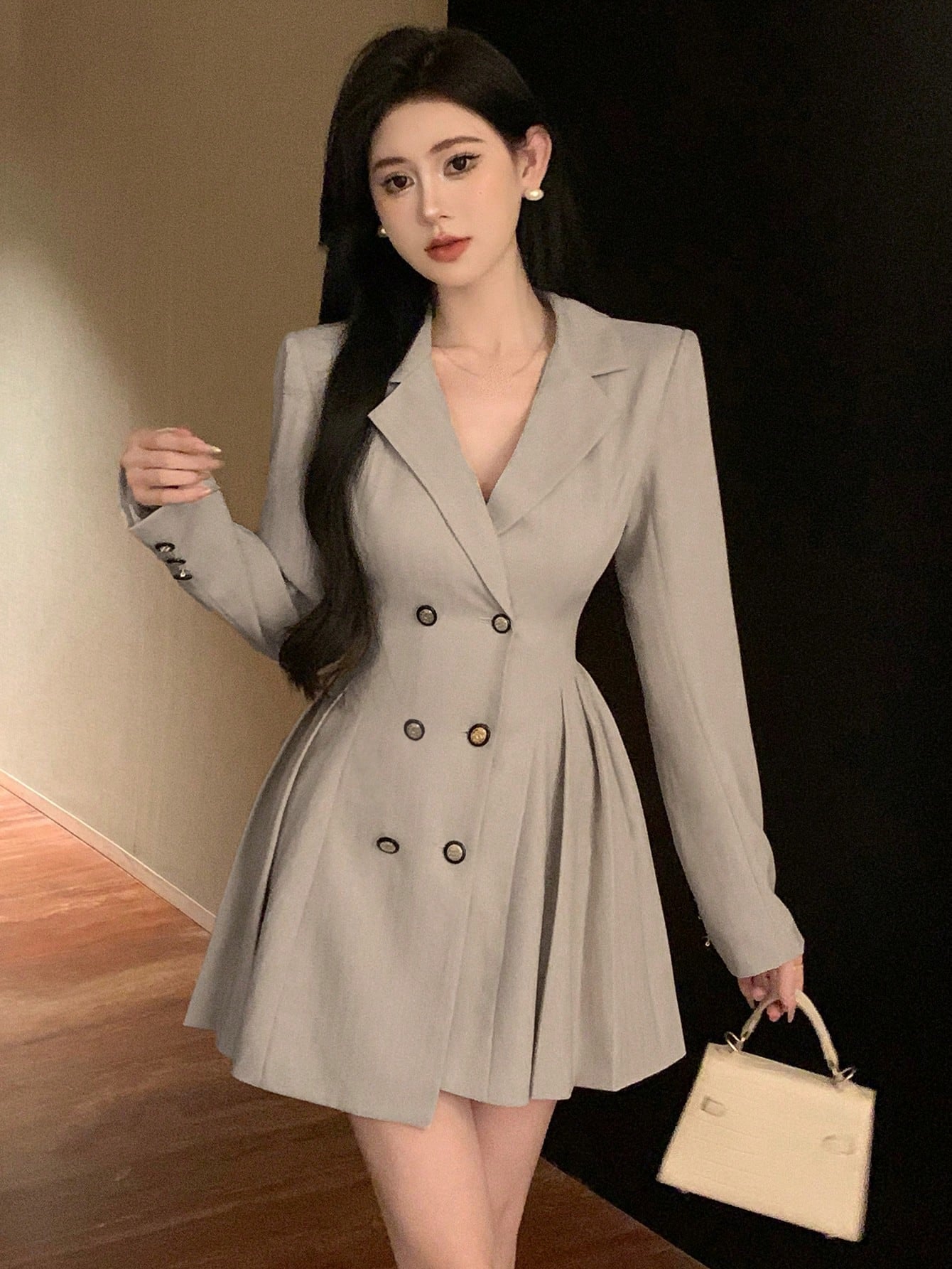 Lapel Collar Double-Breasted Long Sleeve Suit Dress