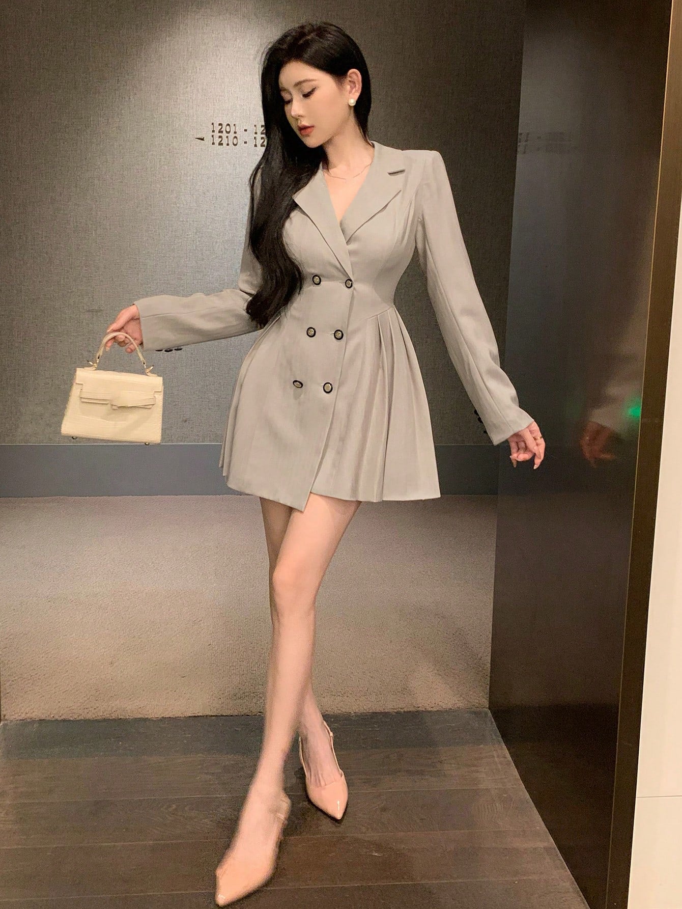 Lapel Collar Double-Breasted Long Sleeve Suit Dress
