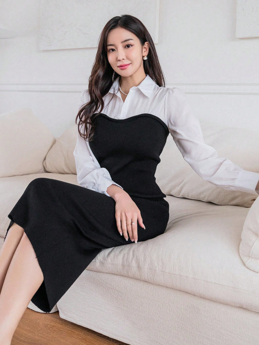 Women's Contrast Color 2 In 1 Knitted Dress