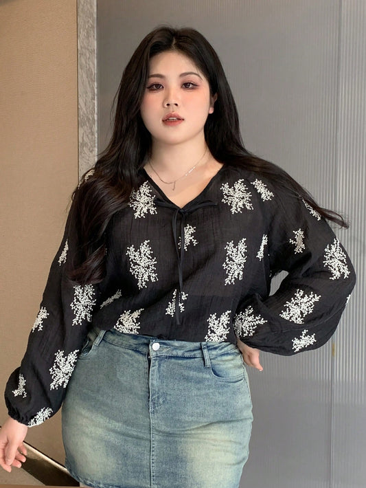Plus Size Floral Embroidered Lantern Sleeve Shirt