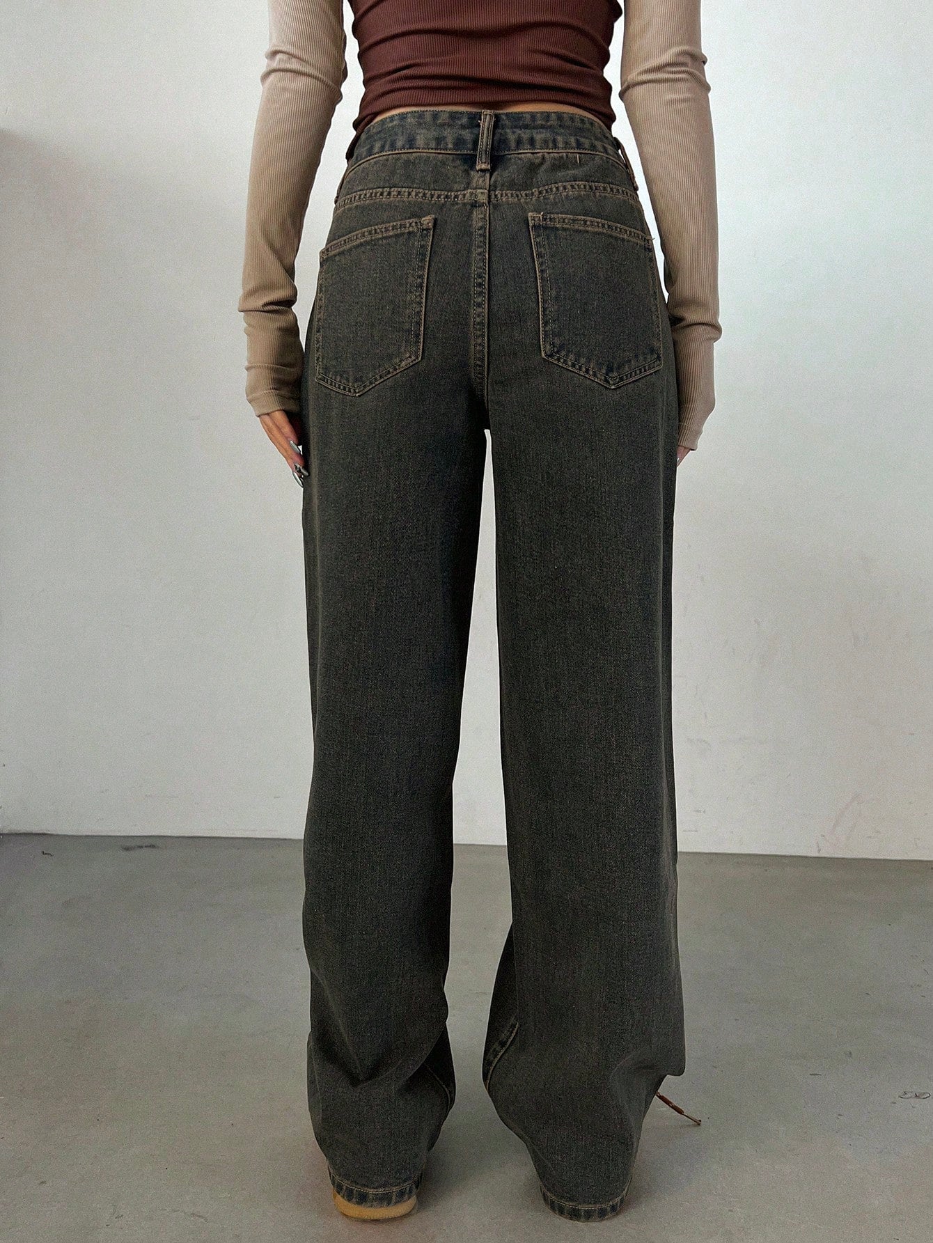 Vintage Washed Loose Fit Long Wide Leg Denim Pants With Distressed Detail