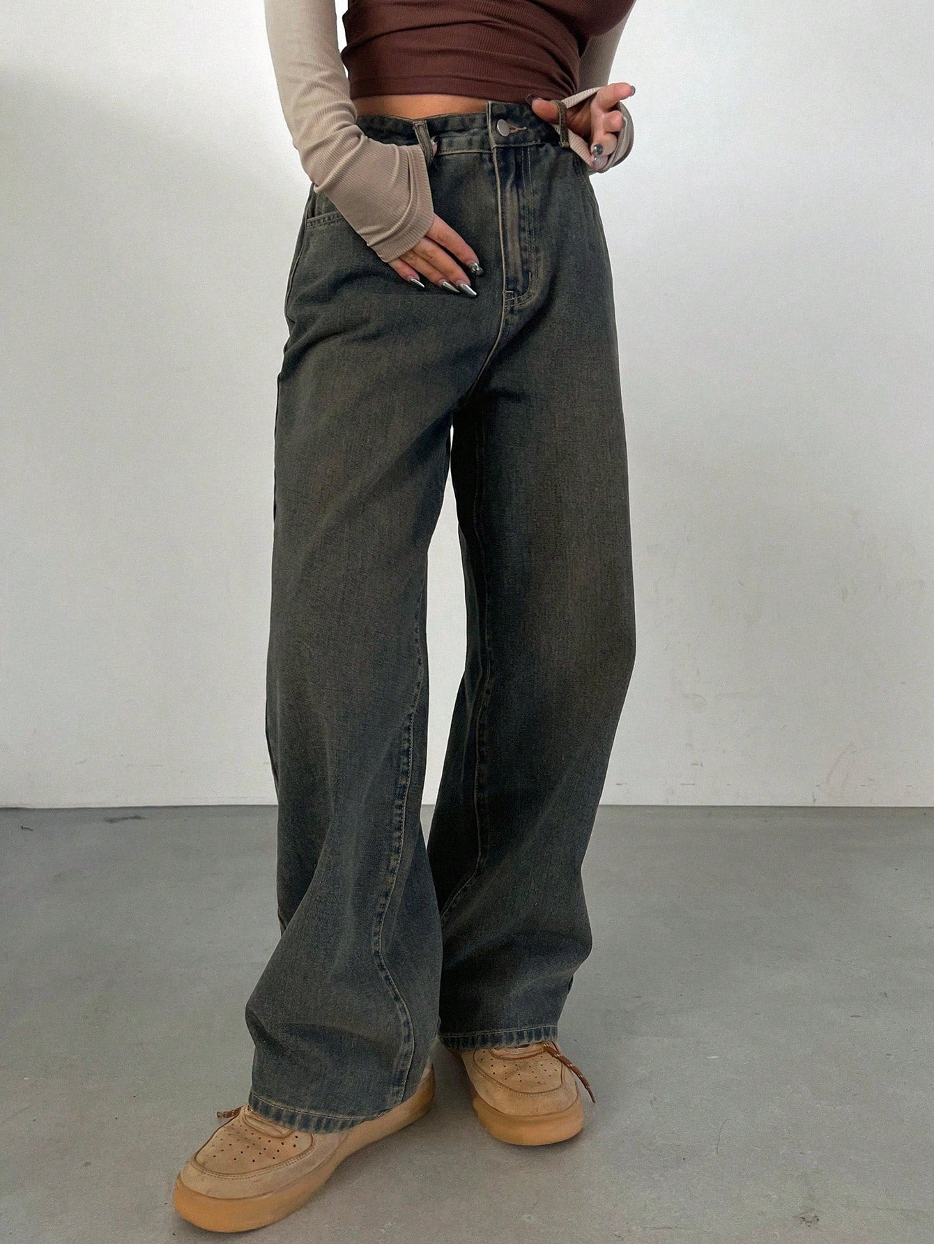 Vintage Washed Loose Fit Long Wide Leg Denim Pants With Distressed Detail