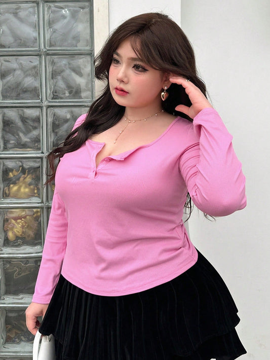 Plus Size Solid Color Slim Fit Ribbed Knit T-Shirt
