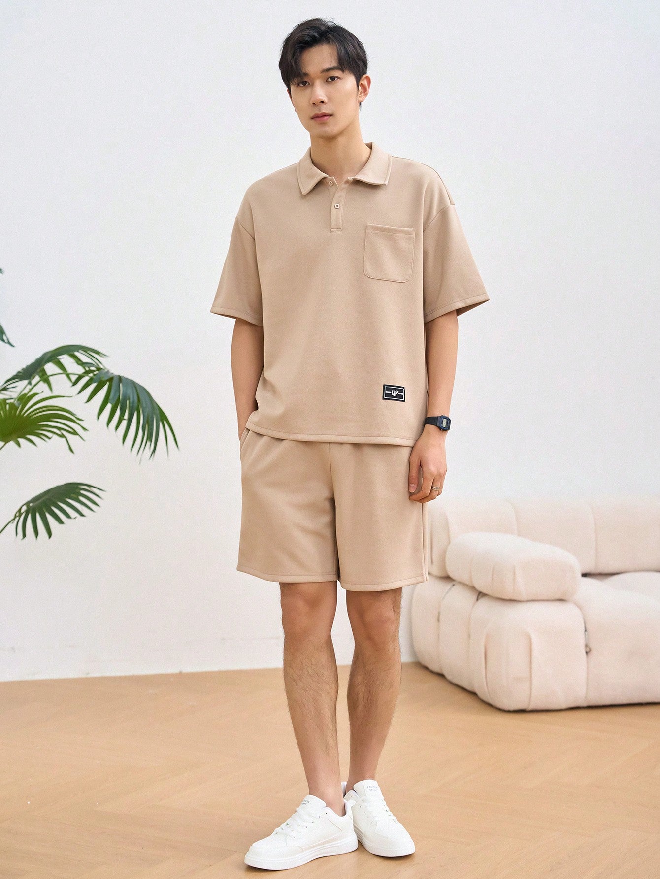 Men's Short Sleeve Polo Neck T-Shirt And Shorts Set With Letter Patch, Summer