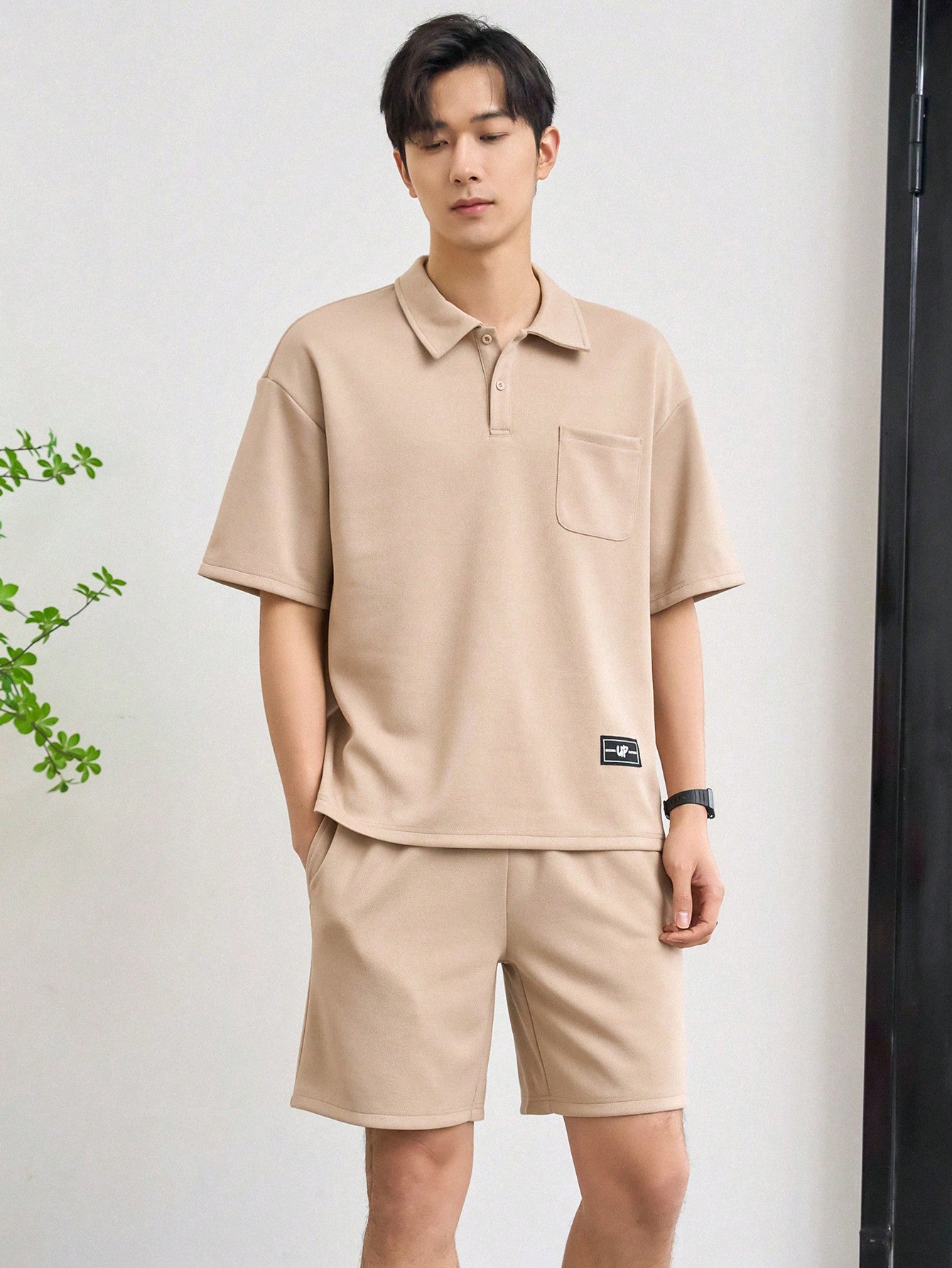 Men's Short Sleeve Polo Neck T-Shirt And Shorts Set With Letter Patch, Summer