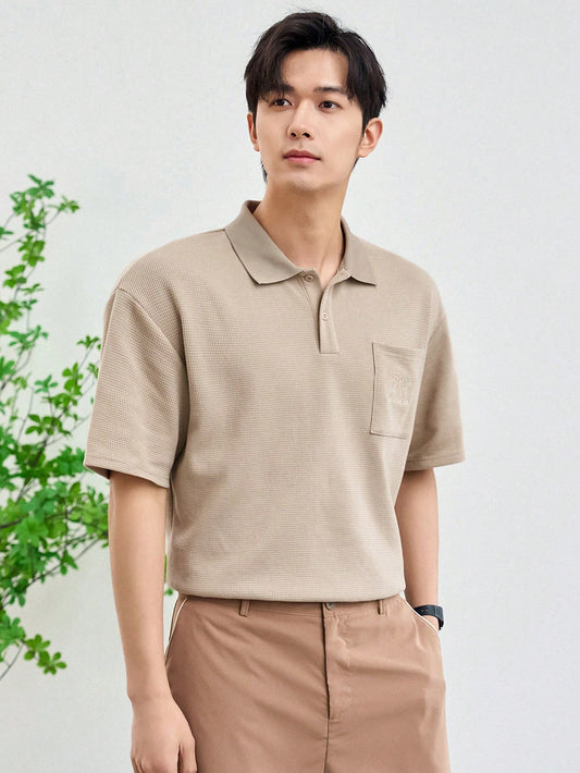 Men's Solid Color Short-Sleeved Polo Shirt With Buttoned Half-Open Collar And Chest Pocket