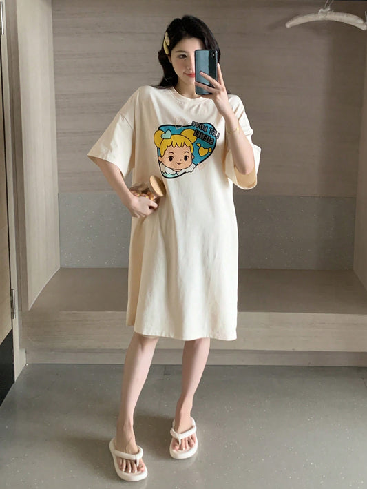 Cute Cartoon Patterned Round Neck Loose Home Dress