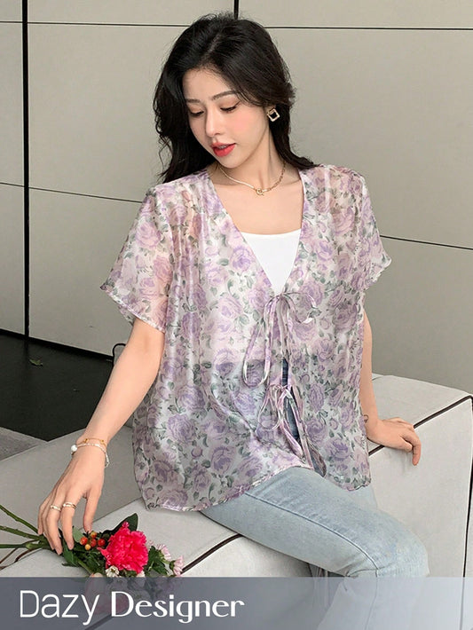 Women's Sheer Floral Short Sleeve Blouse