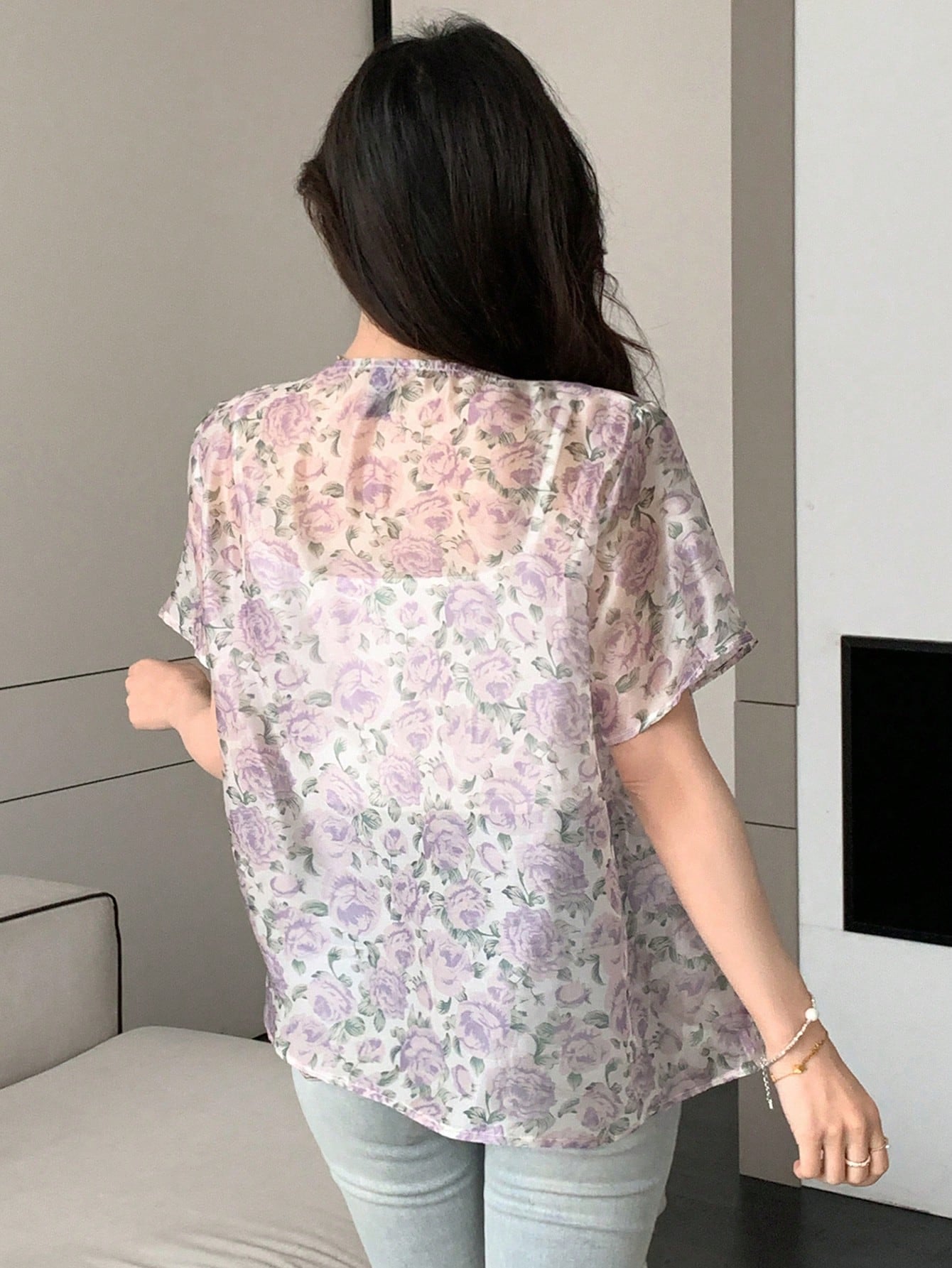Women's Sheer Floral Short Sleeve Blouse