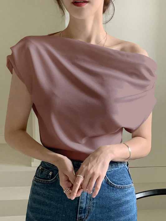 Women's Pure Color Asymmetrical Collar With Pleats Tee