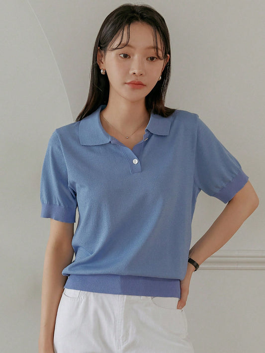 Solid Color Short Sleeve Oversized Polo Collar Knit Top