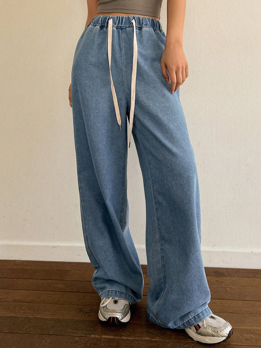 Women's Fashionable Casual Loose Fit Denim Pants With Elastic Waistband And Wide Leg