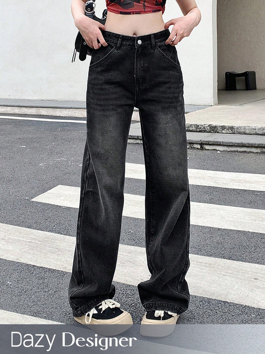 Washed Straight Leg Jeans With Slant Pockets, Casual Style