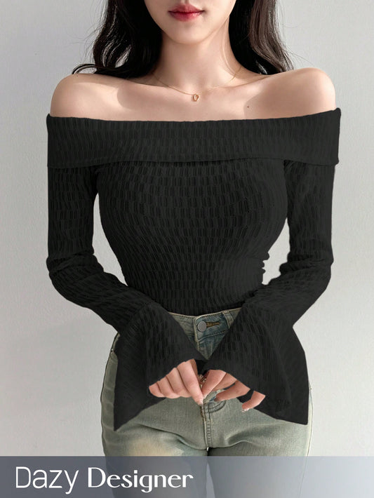 Women's One Shoulder Textured Elegant Flared Sleeve Top